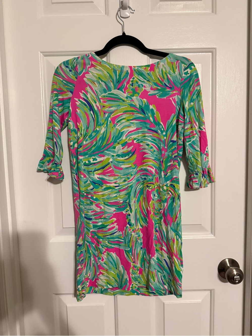 Lilly Pulitzer Girls XL (12-14) Pink & Teal Palm 3/4 Ruffle Sleeve Shift Dress